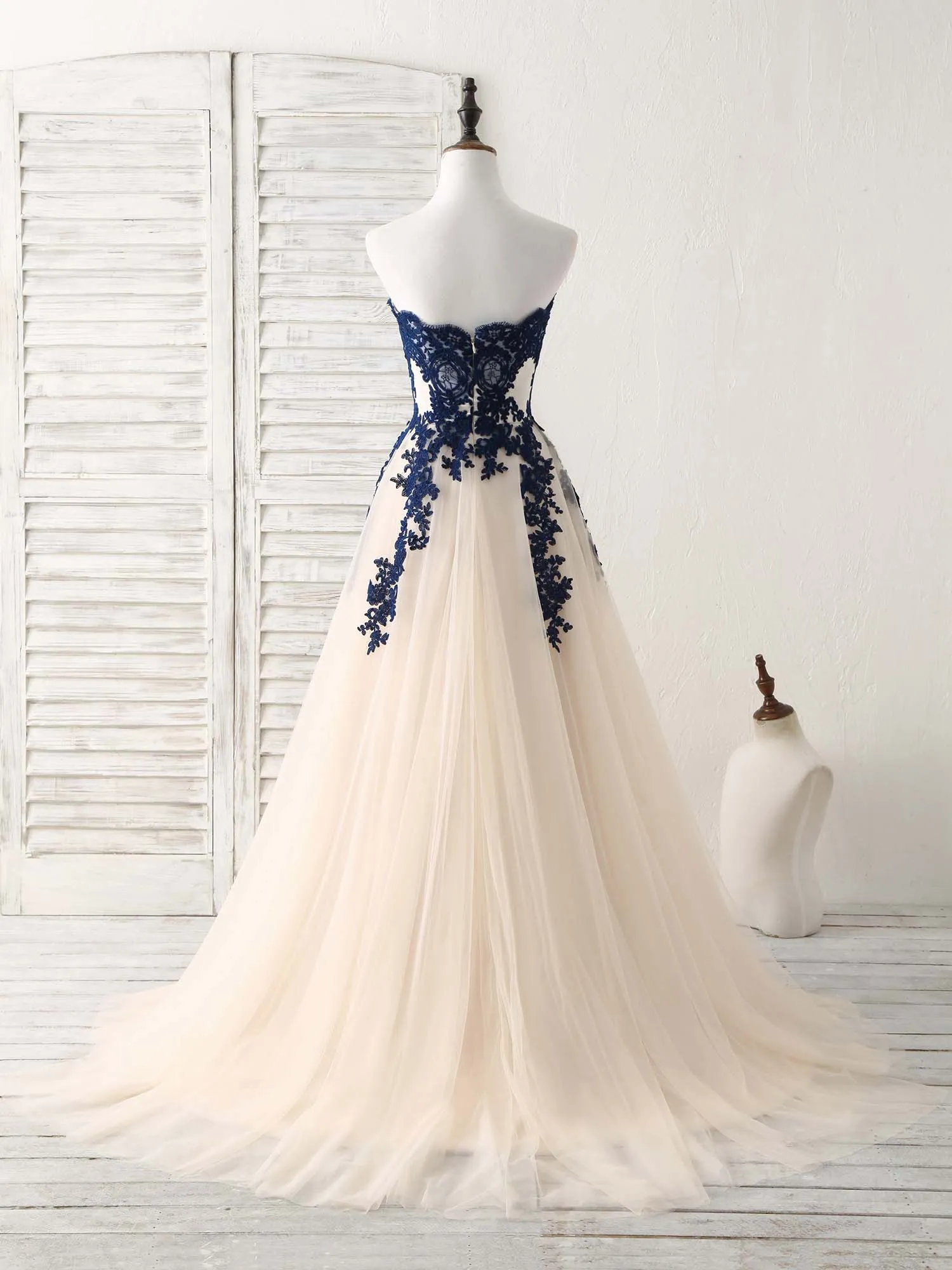 A-Line Sweetheart Tulle Lace Applique Long Prom Dress, Bridesmaid Dress