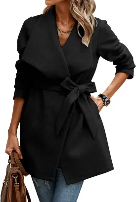 AOVDE Women's Winter Wool Coat: Classic Lapel Collar Jacket - Casual Mid-Long Open Front Blend Overcoat With Belt