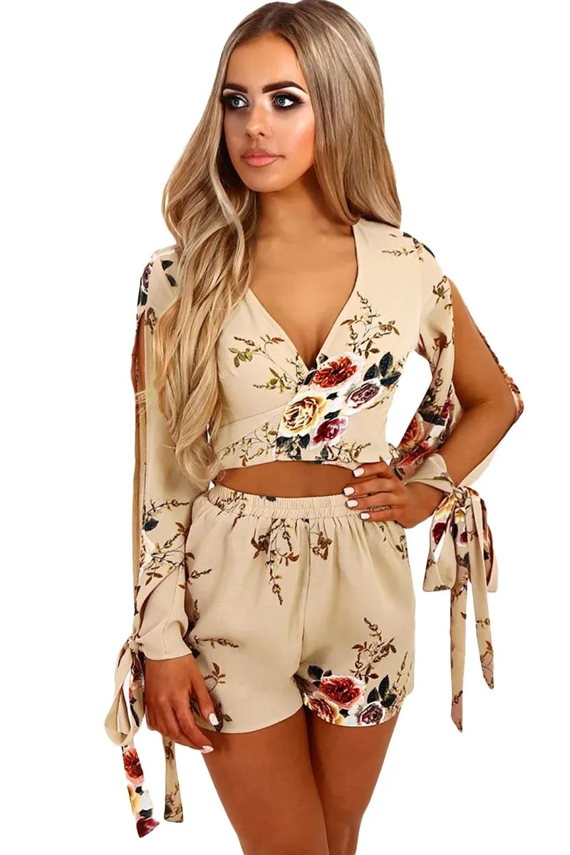 Beige Floral Split Sleeves Short Set
