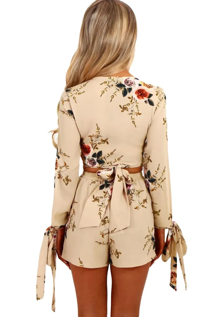 Beige Floral Split Sleeves Short Set