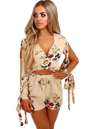 Beige Floral Split Sleeves Short Set