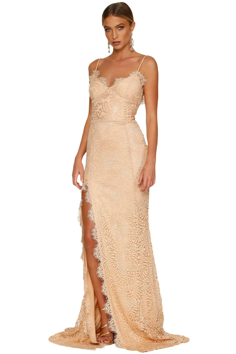 Beige Lace Sleeveless Evening Gown