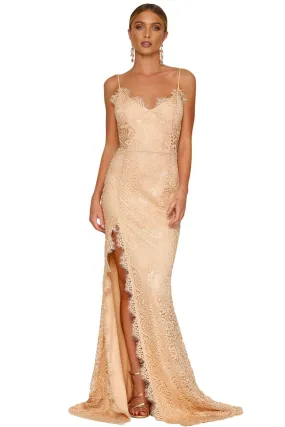 Beige Lace Sleeveless Evening Gown
