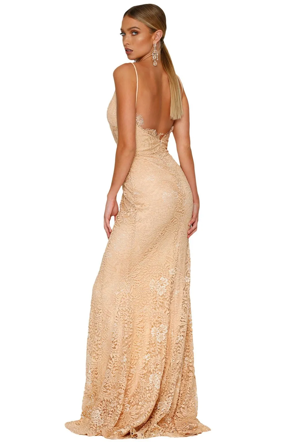 Beige Lace Sleeveless Evening Gown