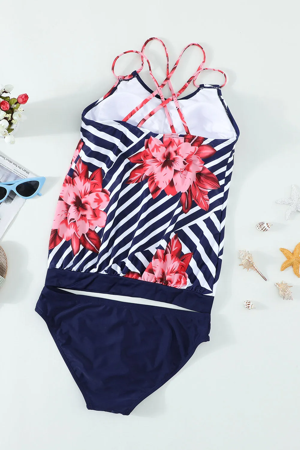 Black Floral Criss Cross Ruched Tankini