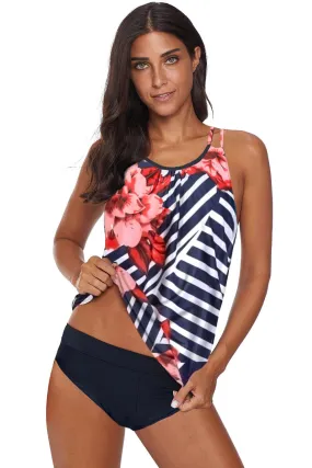 Black Floral Criss Cross Ruched Tankini