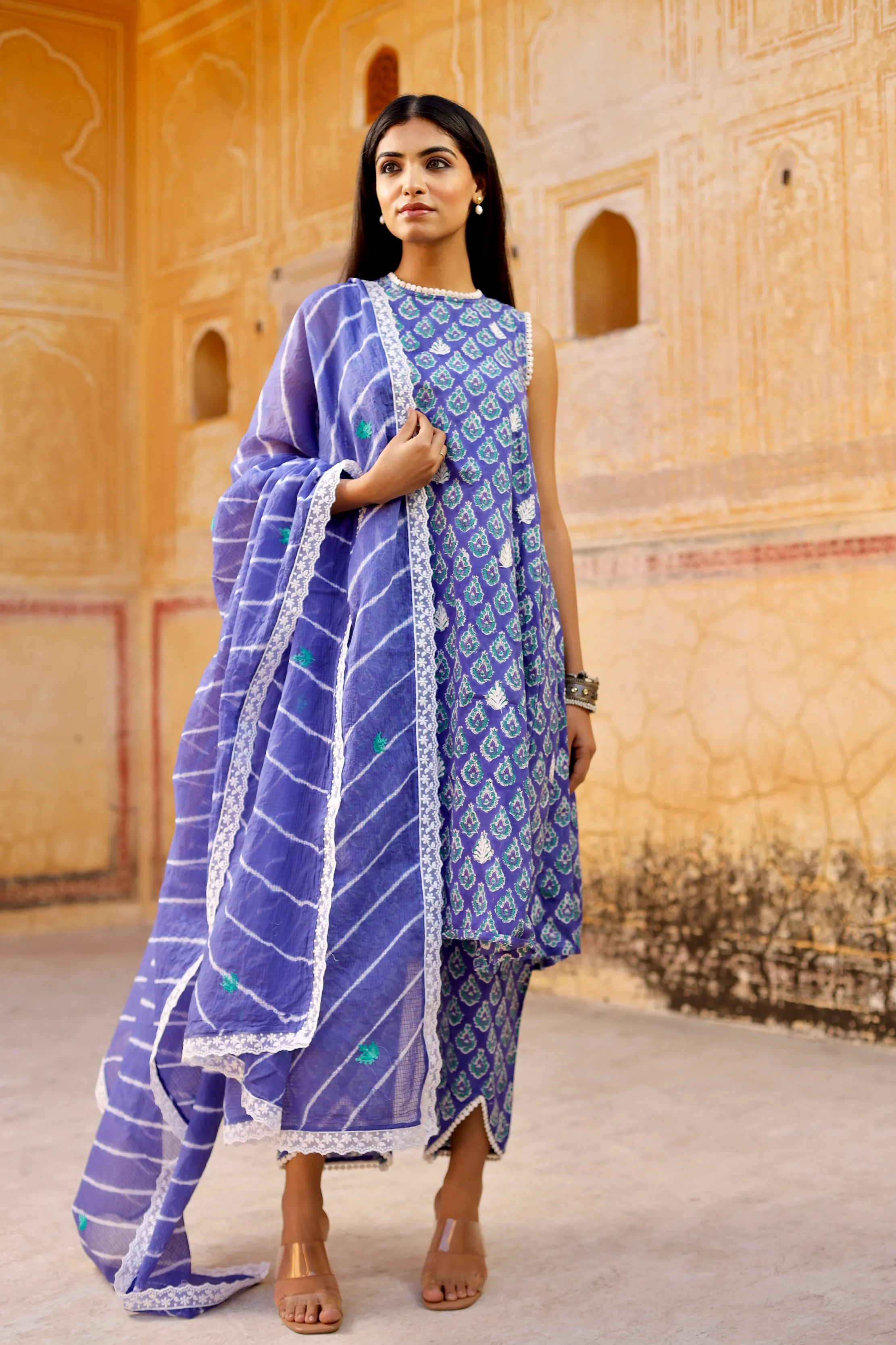 Blue handblock cotton straight set with Lehariya Dupatta
