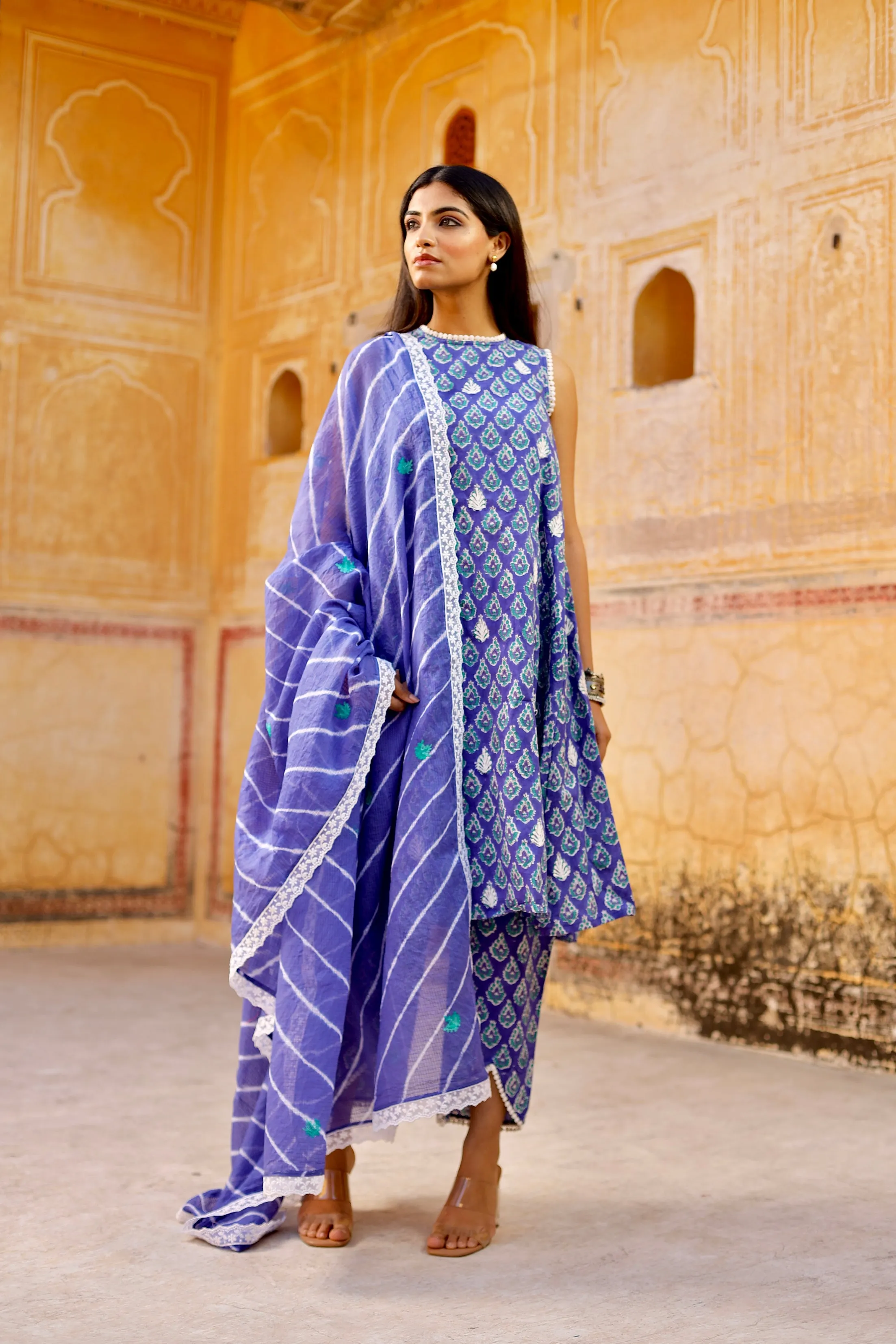 Blue handblock cotton straight set with Lehariya Dupatta