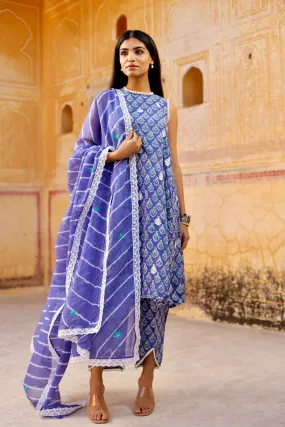 Blue handblock cotton straight set with Lehariya Dupatta