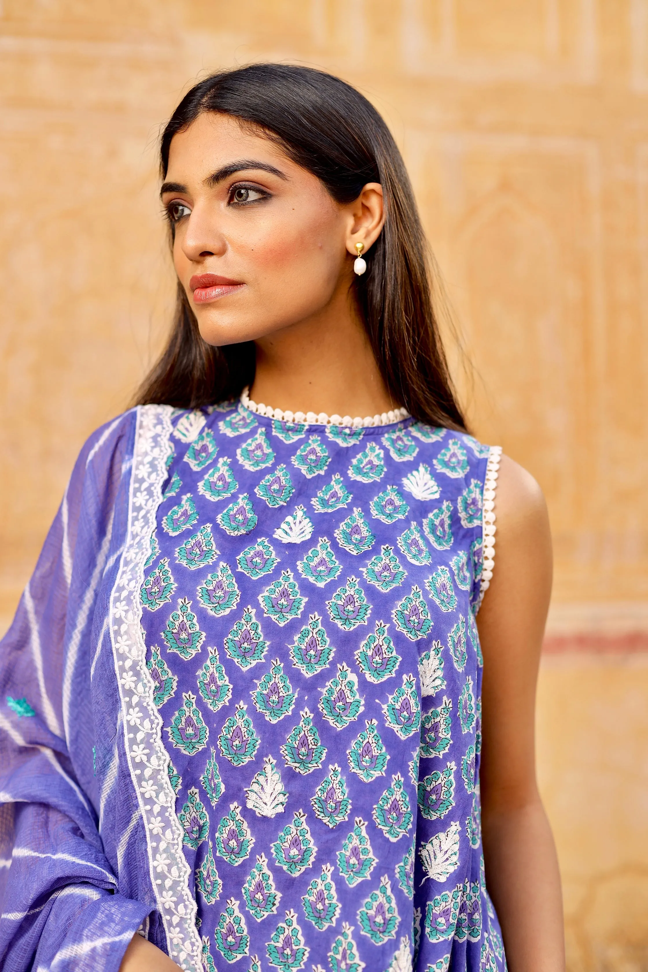 Blue handblock cotton straight set with Lehariya Dupatta