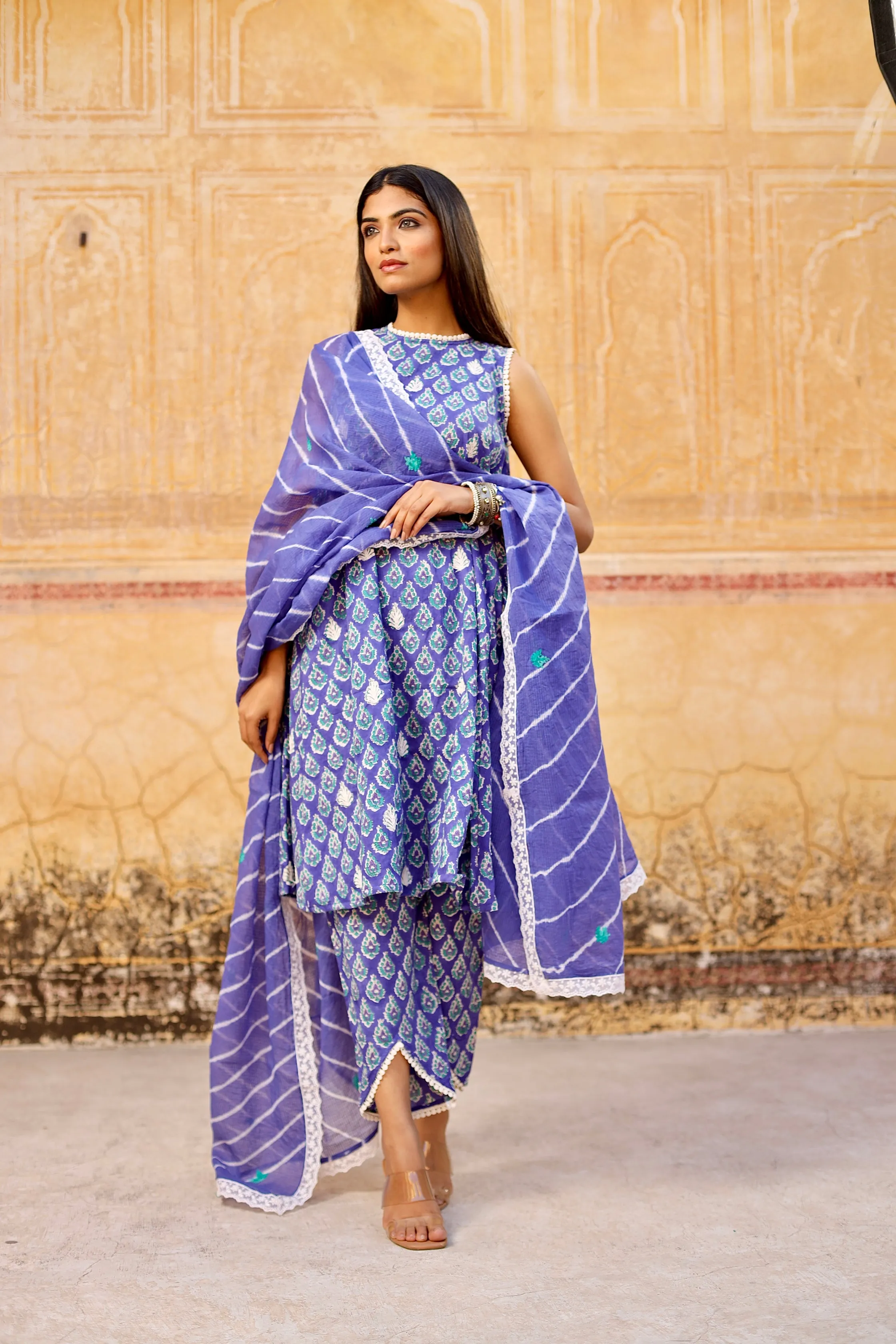 Blue handblock cotton straight set with Lehariya Dupatta