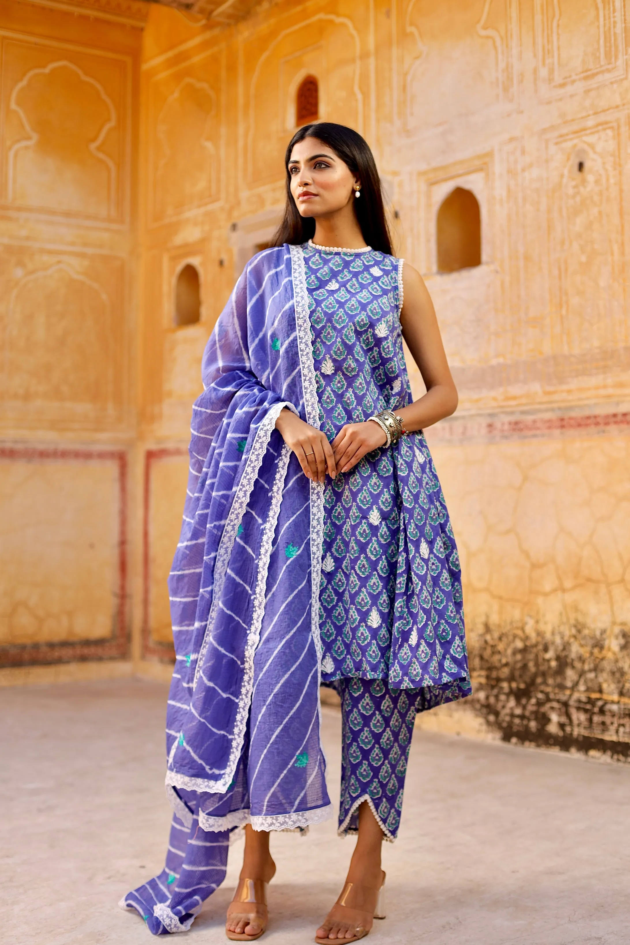 Blue handblock cotton straight set with Lehariya Dupatta