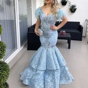blue lace evening dresses long feather beaded mermaid modest elegant simple evening gown