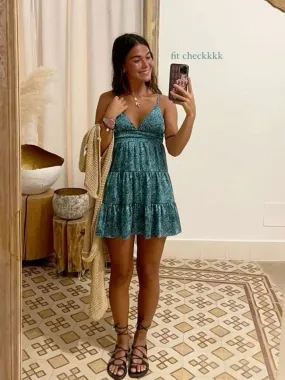 Blue Printed V Neck Straps Short Party Dress Mini Summer Dress, DP2869