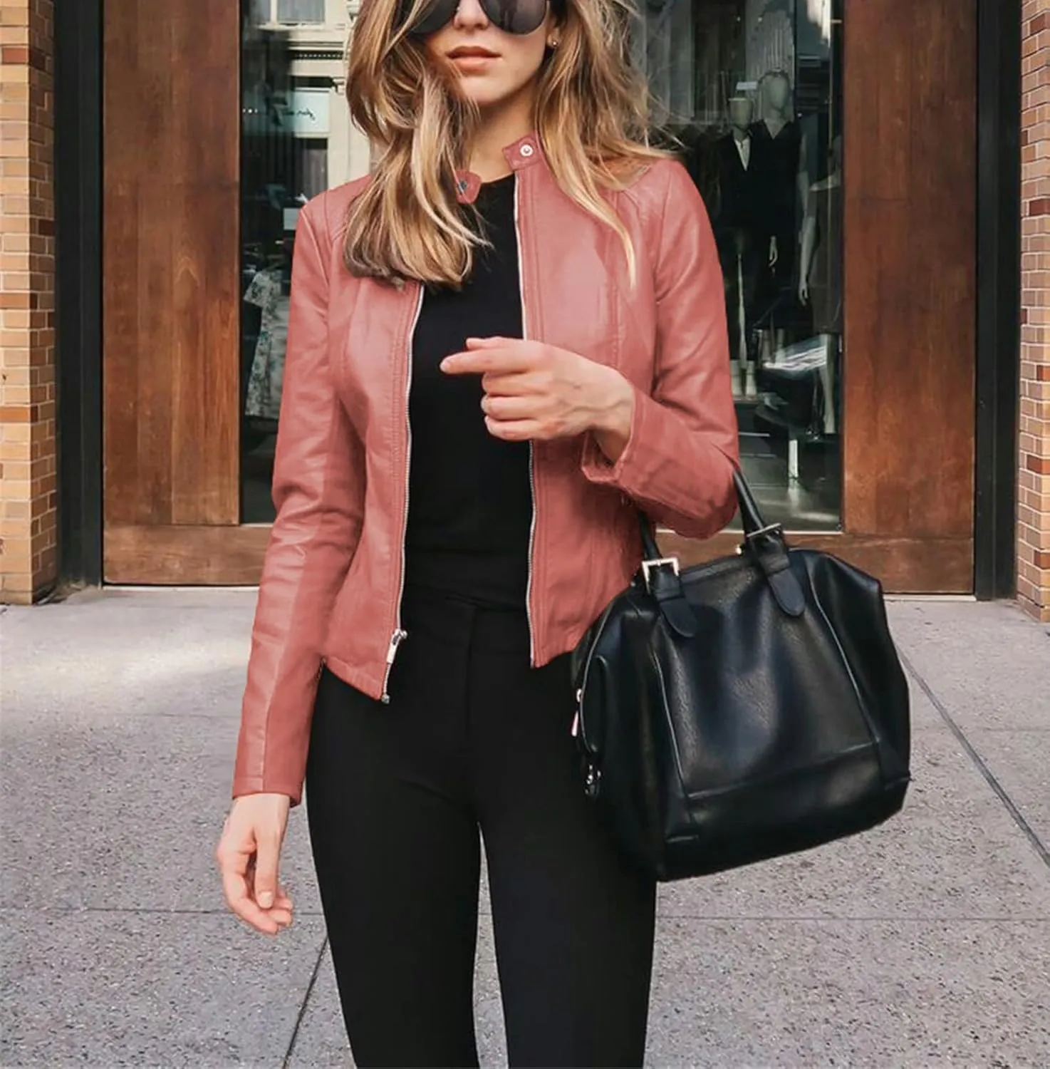 Canbebig Womens Faux Leather Jackets Zip Up Suit Jackets Slim Fit Coats Casual Lightweight Outwear Moto Biker Jackets