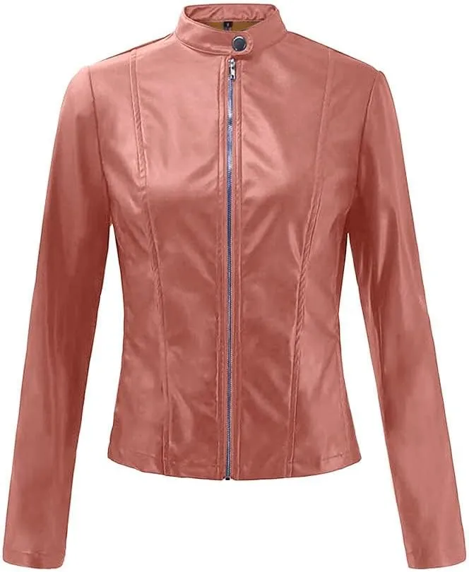 Canbebig Womens Faux Leather Jackets Zip Up Suit Jackets Slim Fit Coats Casual Lightweight Outwear Moto Biker Jackets