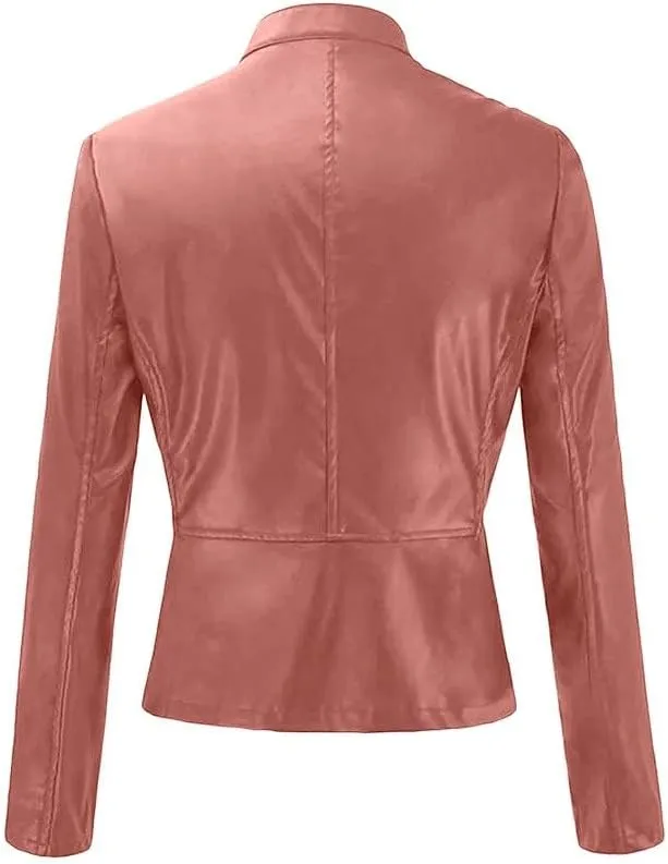 Canbebig Womens Faux Leather Jackets Zip Up Suit Jackets Slim Fit Coats Casual Lightweight Outwear Moto Biker Jackets