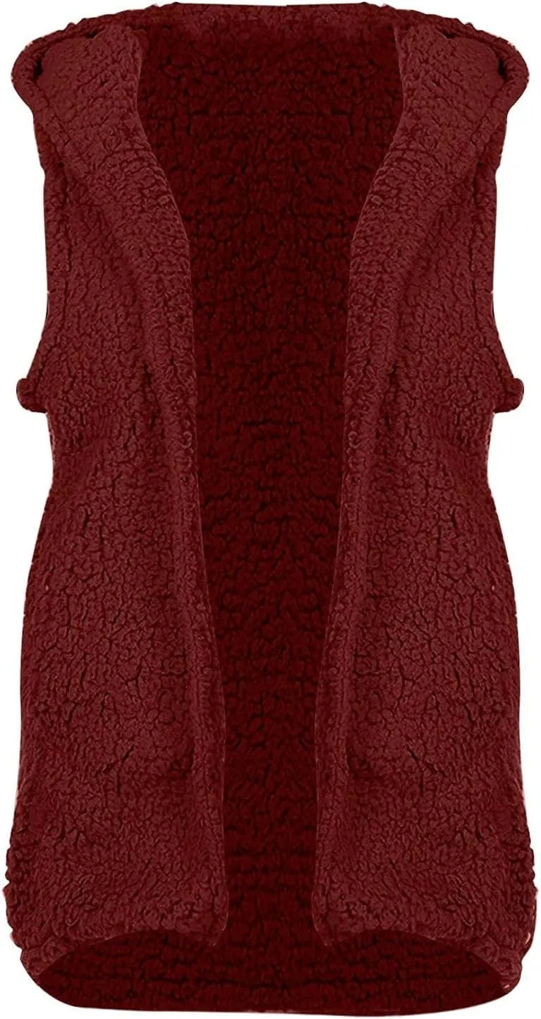 Cardigan for Women Fuzzy Fleece Hooded Sherpa Jackets Open Front Sleeveless Sweater Vest Warm Quilted Coat Pockets