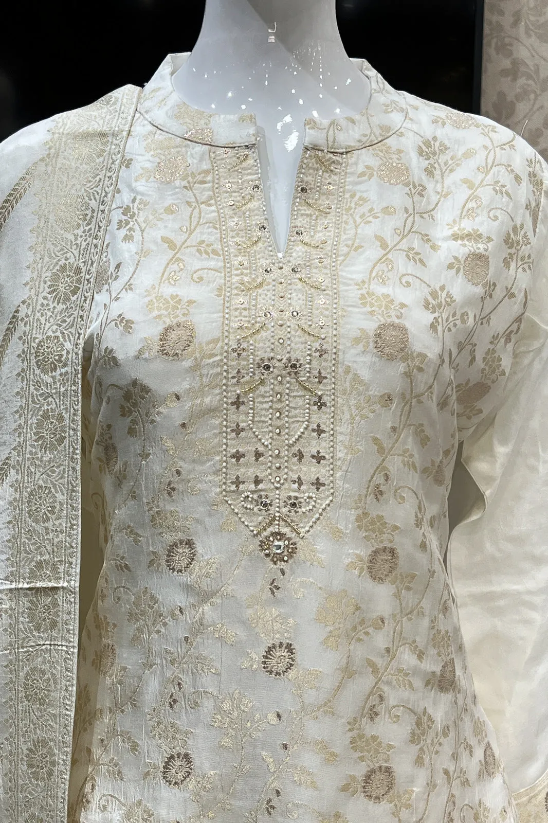 Cream Banaras, Beads and Sequins work Straight Cut Salwar Suit