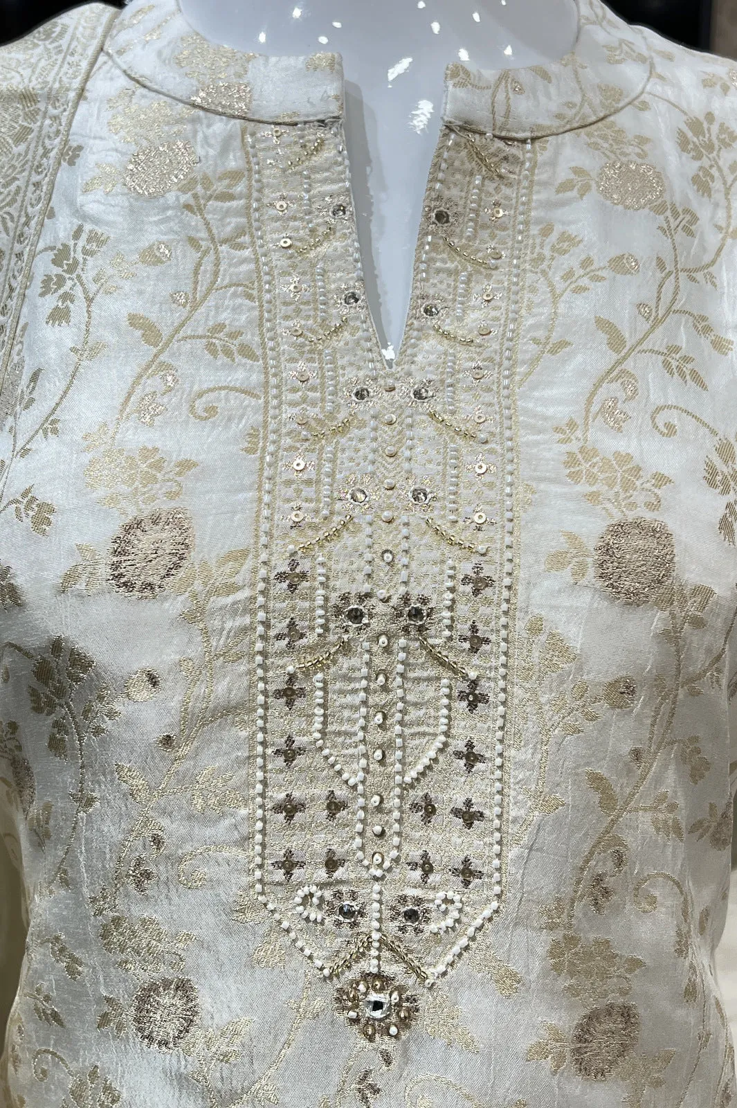 Cream Banaras, Beads and Sequins work Straight Cut Salwar Suit
