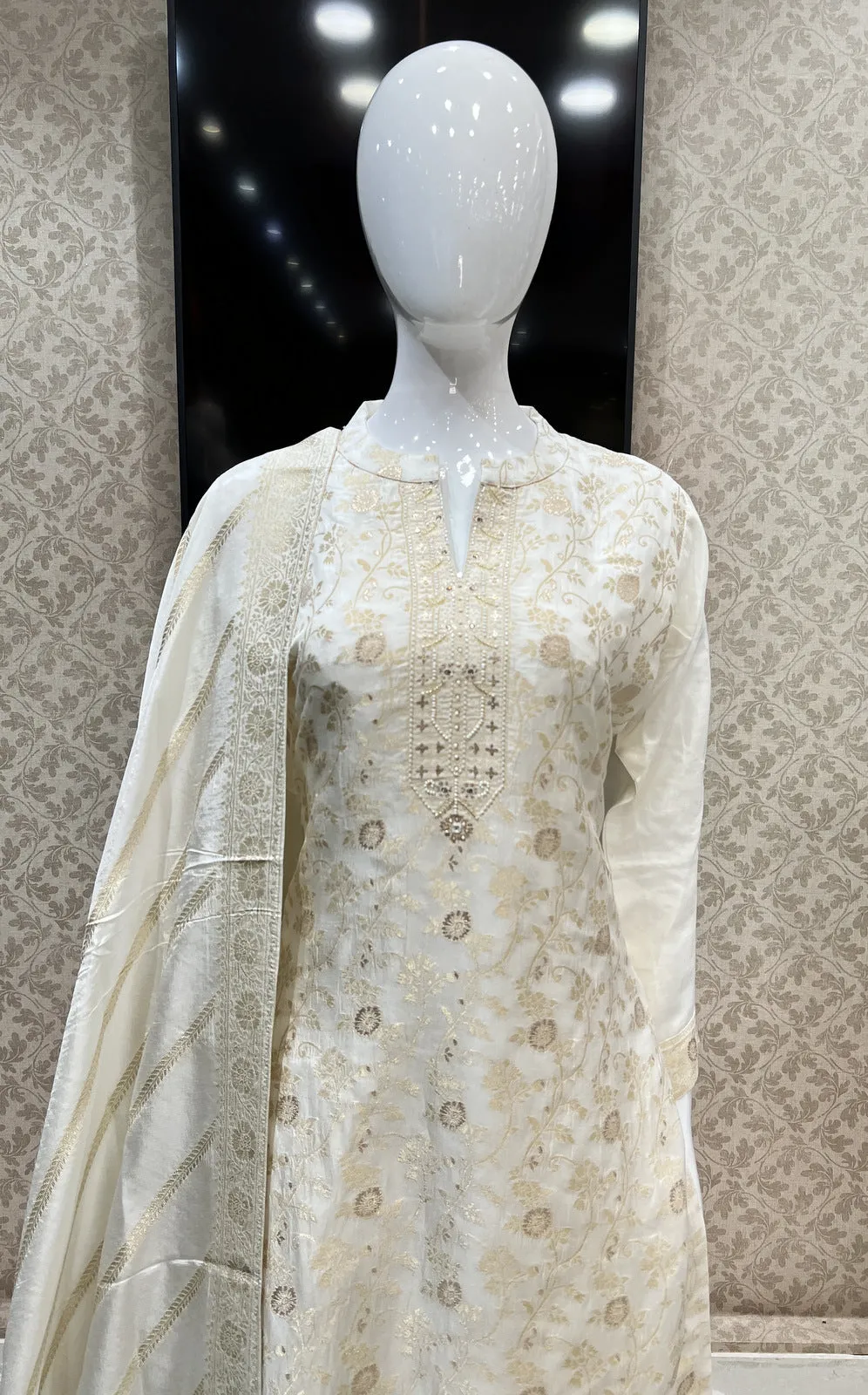 Cream Banaras, Beads and Sequins work Straight Cut Salwar Suit