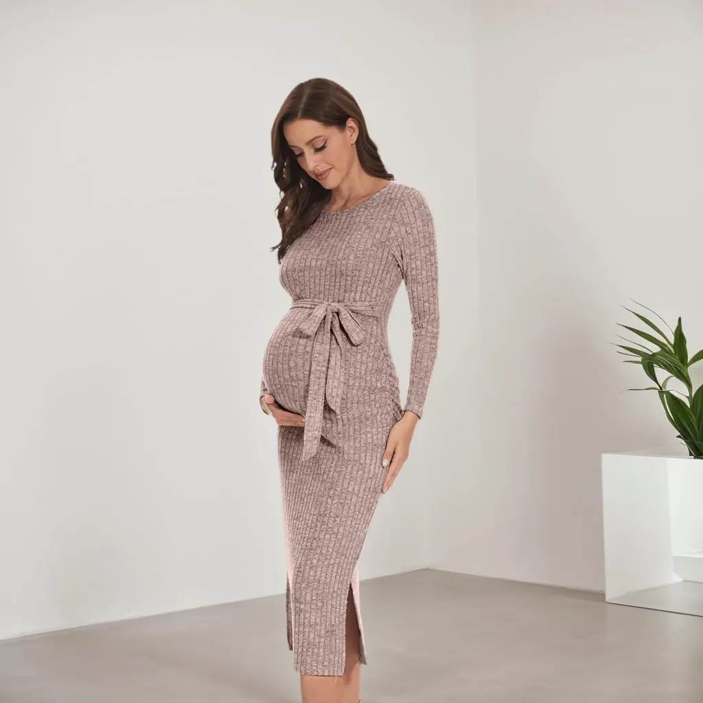 Crewneck Maternity Dress Rib Knit Long Sleeve Photoshoot Baby Shower Dresses Slit Pregnancy Sweater Clothes with Belt