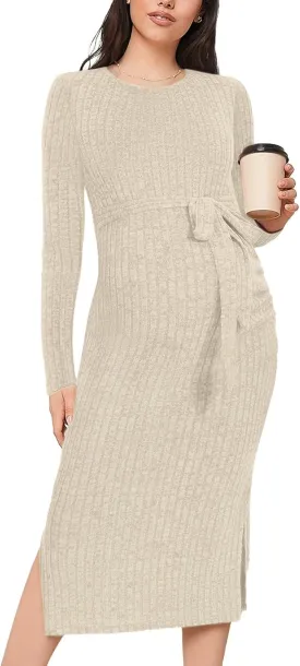 Crewneck Maternity Dress Rib Knit Long Sleeve Photoshoot Baby Shower Dresses Slit Pregnancy Sweater Clothes with Belt