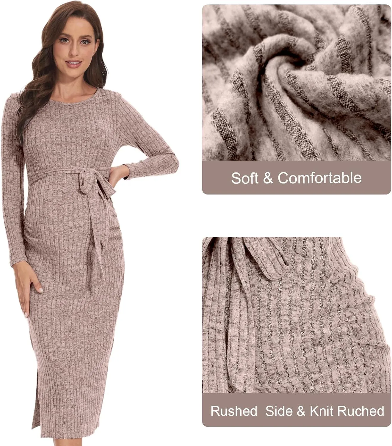 Crewneck Maternity Dress Rib Knit Long Sleeve Photoshoot Baby Shower Dresses Slit Pregnancy Sweater Clothes with Belt