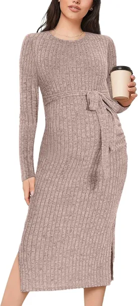 Crewneck Maternity Dress Rib Knit Long Sleeve Photoshoot Baby Shower Dresses Slit Pregnancy Sweater Clothes with Belt