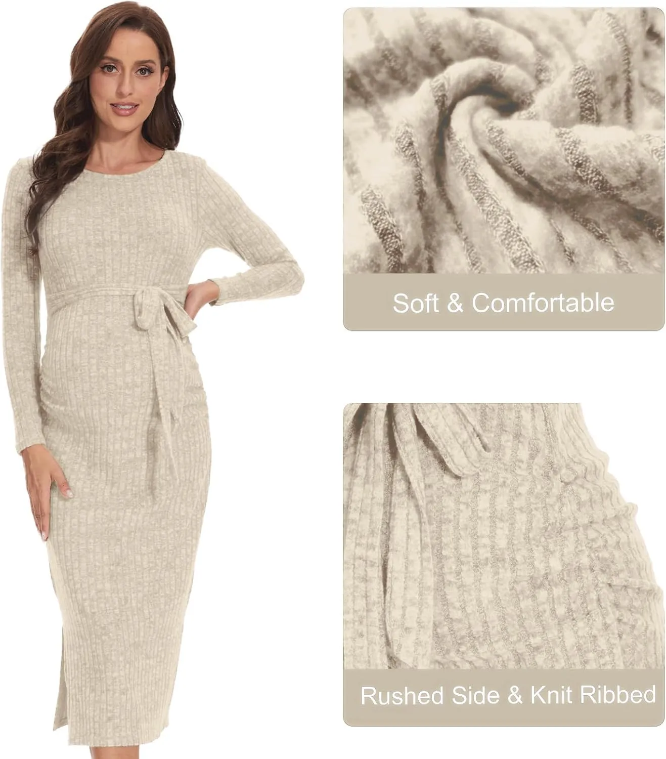 Crewneck Maternity Dress Rib Knit Long Sleeve Photoshoot Baby Shower Dresses Slit Pregnancy Sweater Clothes with Belt