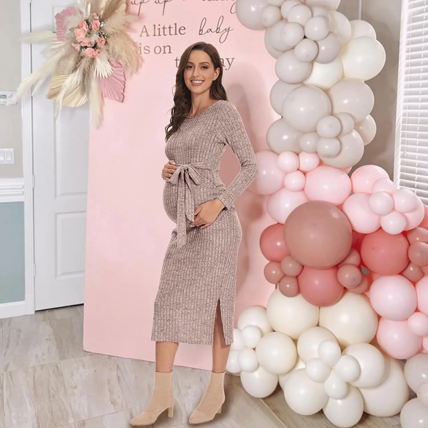 Crewneck Maternity Dress Rib Knit Long Sleeve Photoshoot Baby Shower Dresses Slit Pregnancy Sweater Clothes with Belt