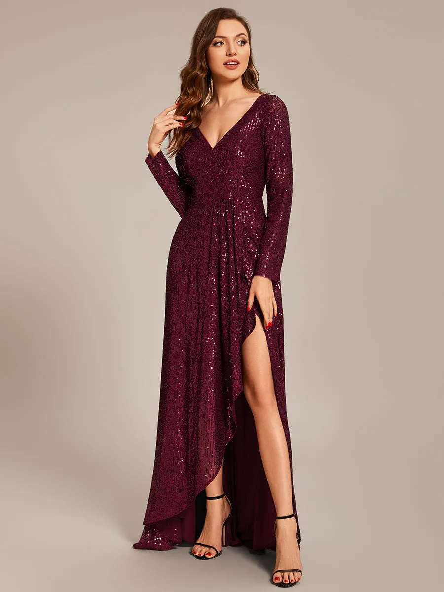 Custom Size Deep V Neck Long Sleeves Split Wholesale Evening Dresses Gowns