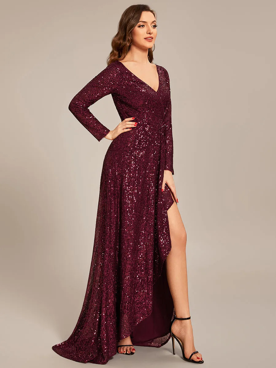 Custom Size Deep V Neck Long Sleeves Split Wholesale Evening Dresses Gowns