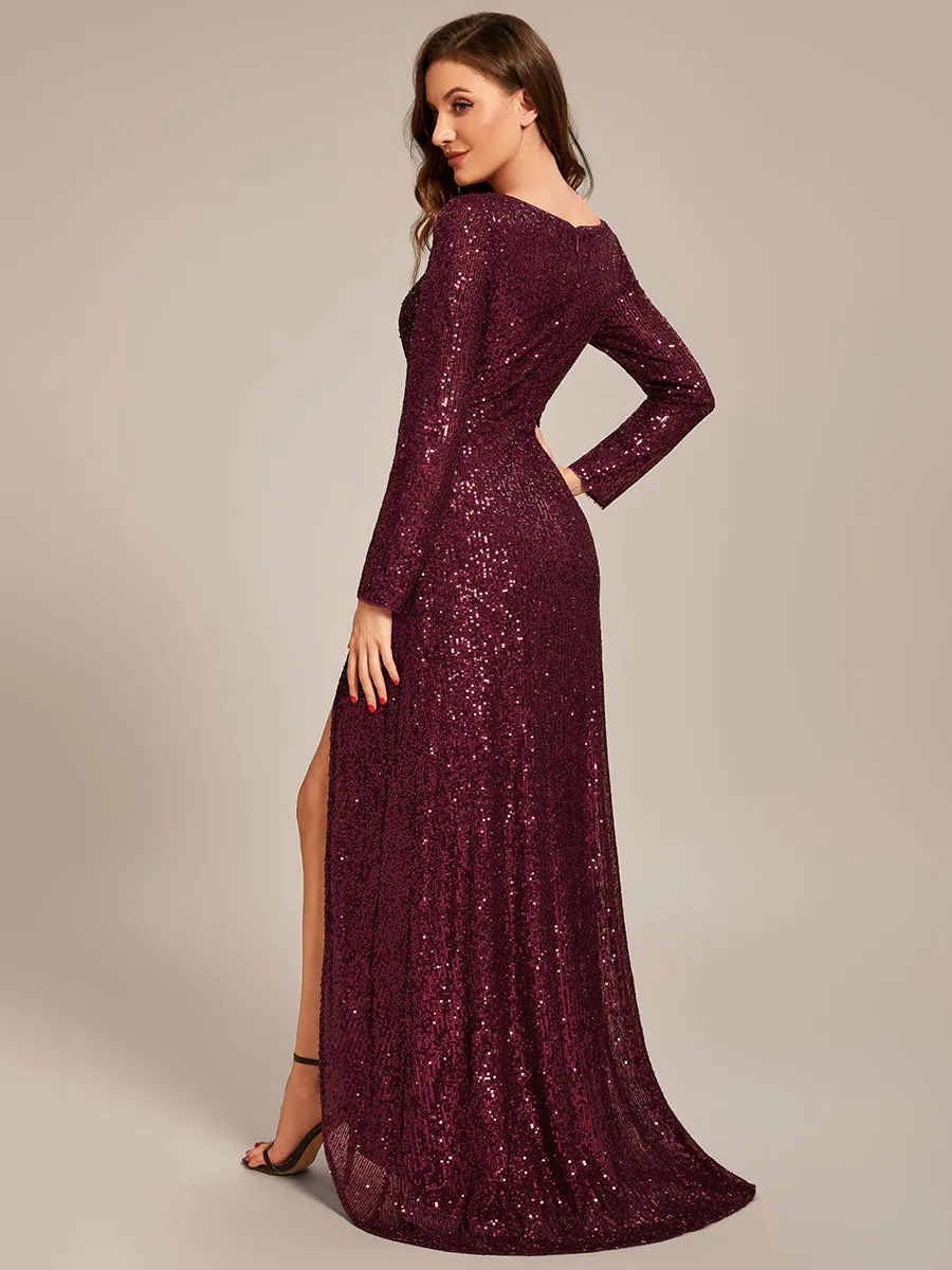 Custom Size Deep V Neck Long Sleeves Split Wholesale Evening Dresses Gowns