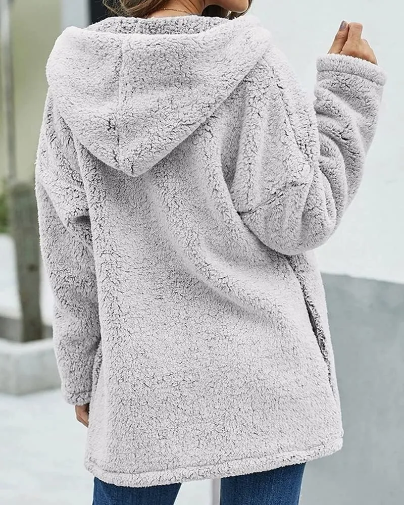 Danedvi Womens Hooded Sherpa Fleece Jacket Oversized Contrast Color Fuzzy Coat Faux Fur Winter Warm Outerwear