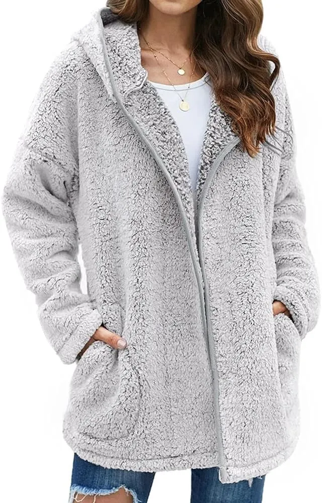 Danedvi Womens Hooded Sherpa Fleece Jacket Oversized Contrast Color Fuzzy Coat Faux Fur Winter Warm Outerwear