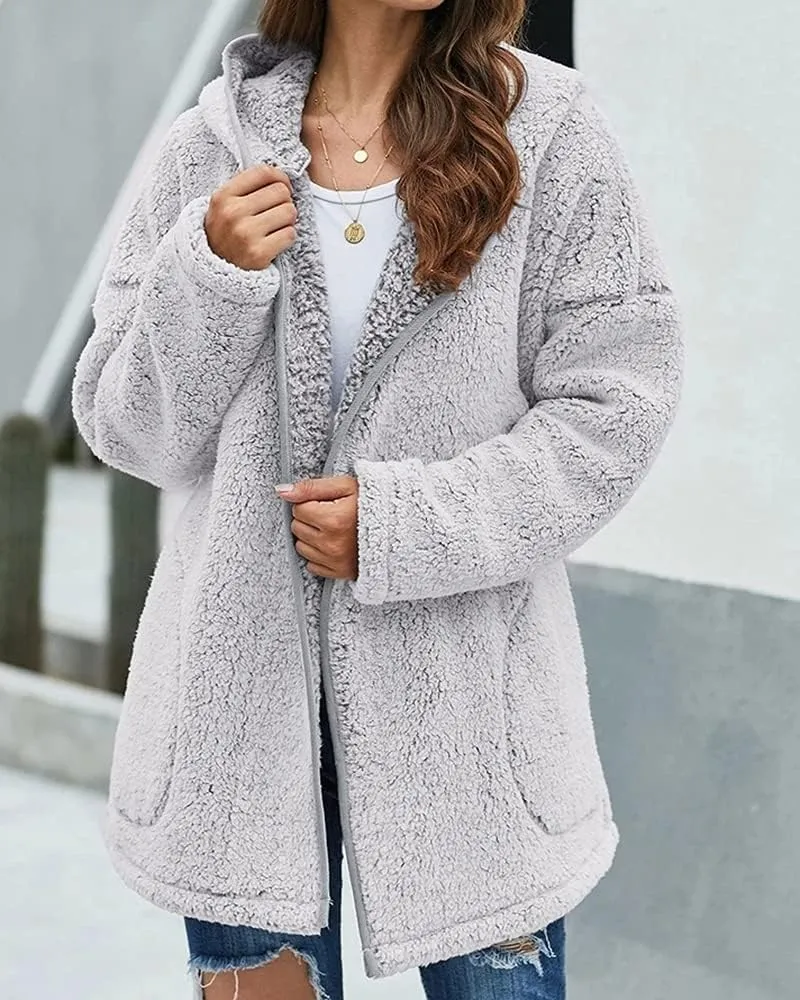 Danedvi Womens Hooded Sherpa Fleece Jacket Oversized Contrast Color Fuzzy Coat Faux Fur Winter Warm Outerwear