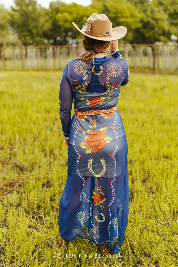 Denim Blue Floral Spur Printed Mesh Button Down Maxi Duster at Bourbon Cowgirl