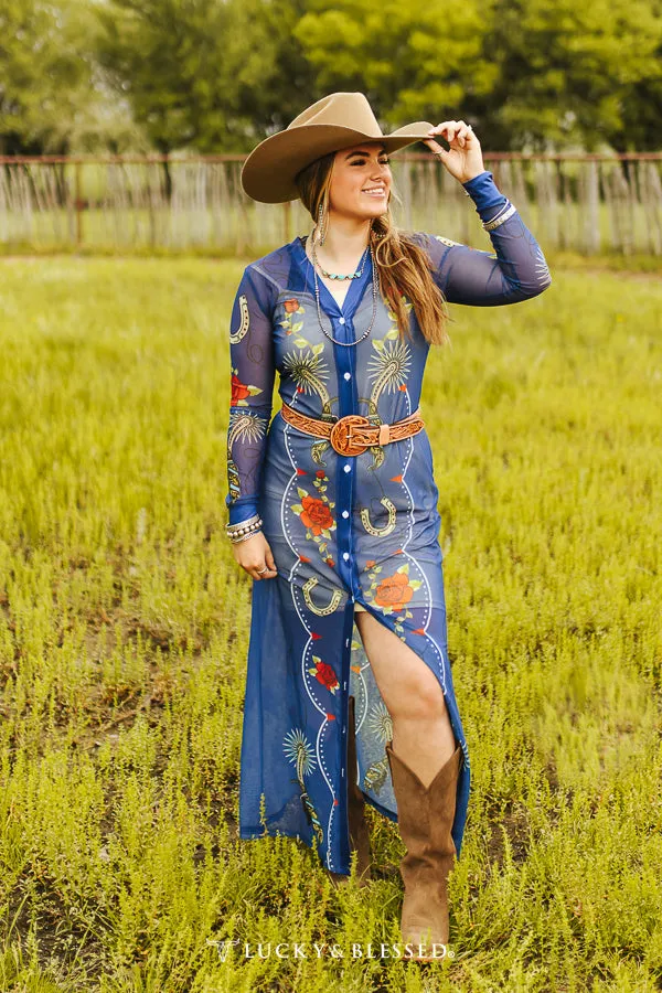 Denim Blue Floral Spur Printed Mesh Button Down Maxi Duster at Bourbon Cowgirl