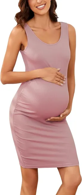Ecavus Women's Maternity Ribbed Slim Fit Dress Sleeveless Tank Dresses Scoop Neck Pregnancy Bodycon Dress for Casual Wear