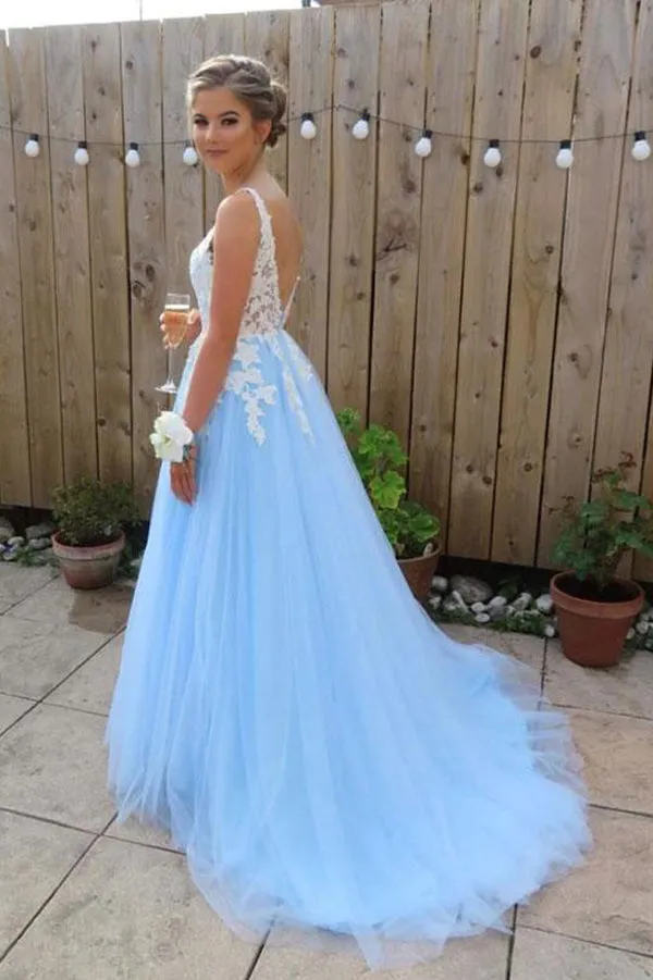 Elegant Blue Tulle A line V neck Lace Long Prom Dresses, Evening Dress, M305