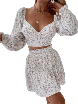 Floerns Women's Two Piece Outfit Sweetheart Neck Crop Top and Mini Skirt Set
