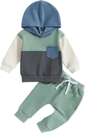 FYBITBO Infant Toddler Baby Boy Fall Winter Clothes Color Block Hoodie Sweatshirt Tops and Pants Sweatsuit Set Outfits