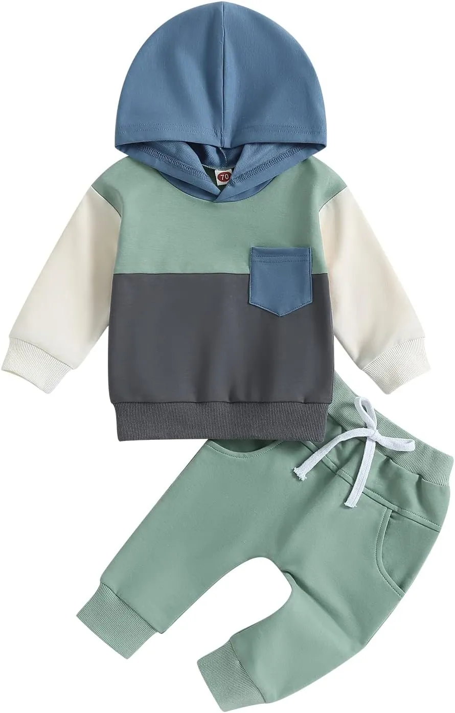 FYBITBO Infant Toddler Baby Boy Fall Winter Clothes Color Block Hoodie Sweatshirt Tops and Pants Sweatsuit Set Outfits