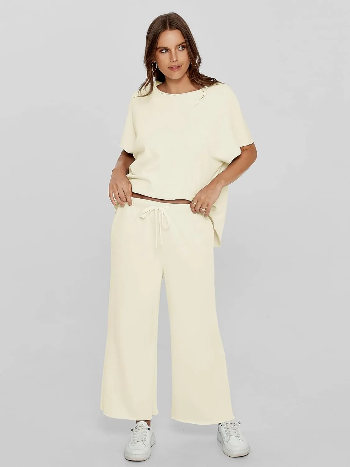 Glamaker Women's Two Piece Travel Lounge Outfits Matching Sets Crew Neck Pullover Tops Wide Leg Pants Airplane Outfits