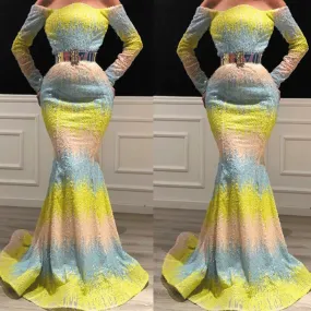 gradient sparkly evening dresses long sleeve mermaid yellow elegant mermaid evening gown vestido de festa