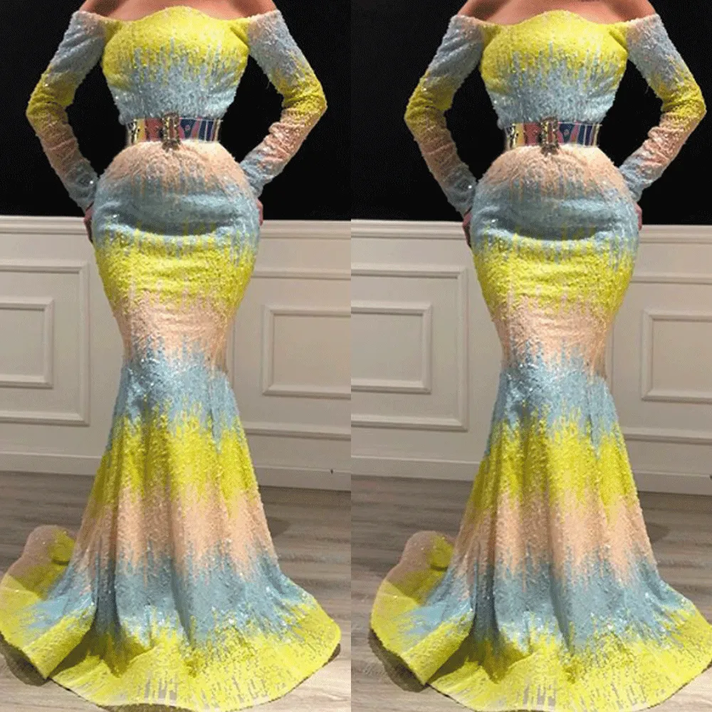 gradient sparkly evening dresses long sleeve mermaid yellow elegant mermaid evening gown vestido de festa