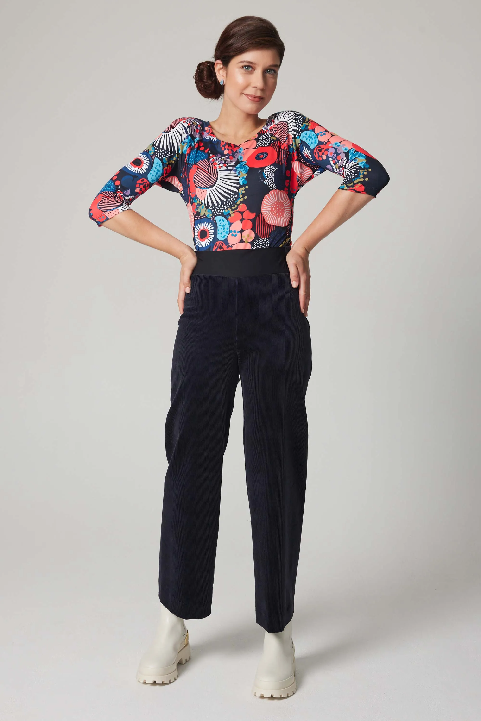 High-Rise Corduroy Straight Leg Pants - Navy