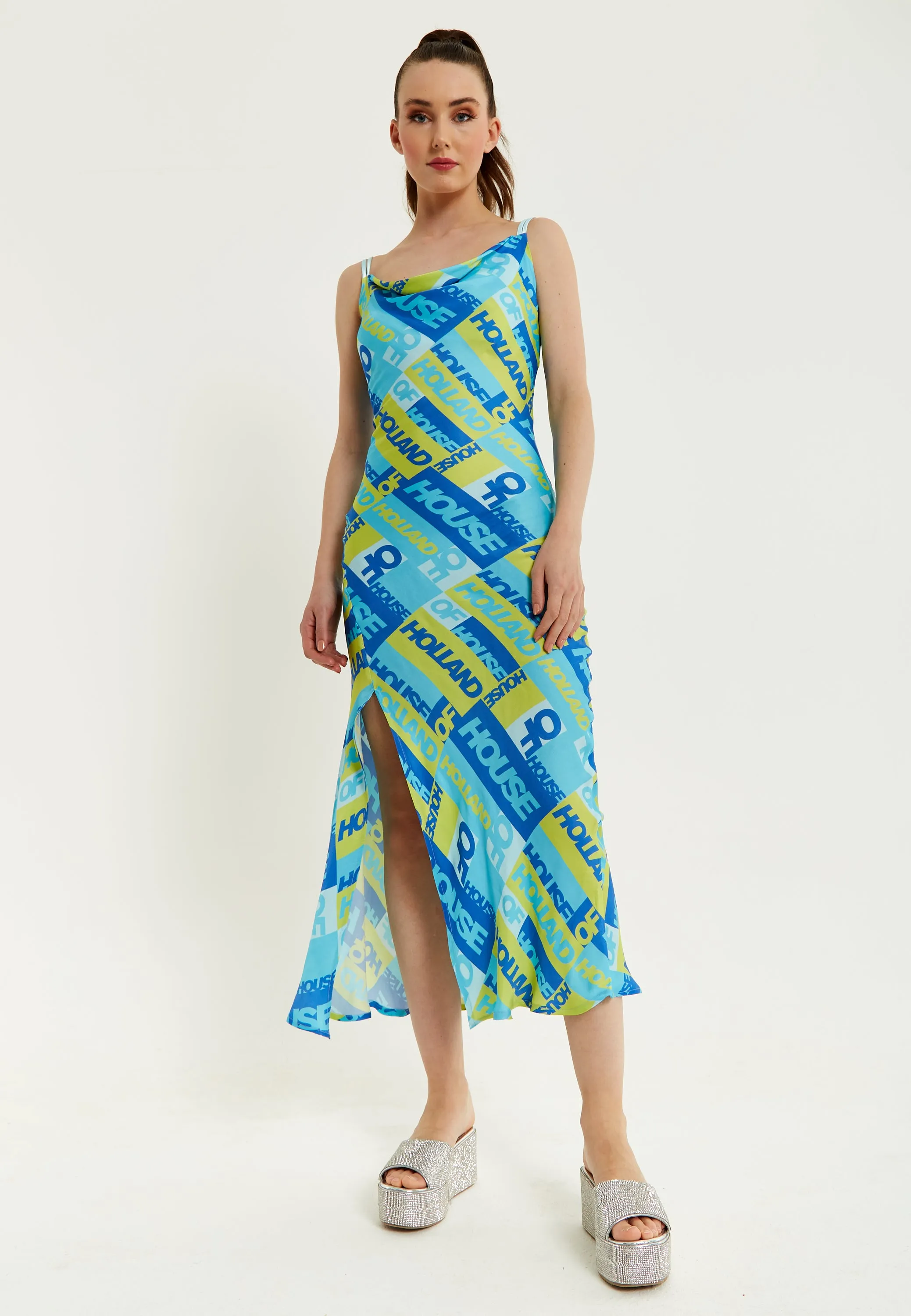 House Of Holland Printed Cowl Neck Midi Dress