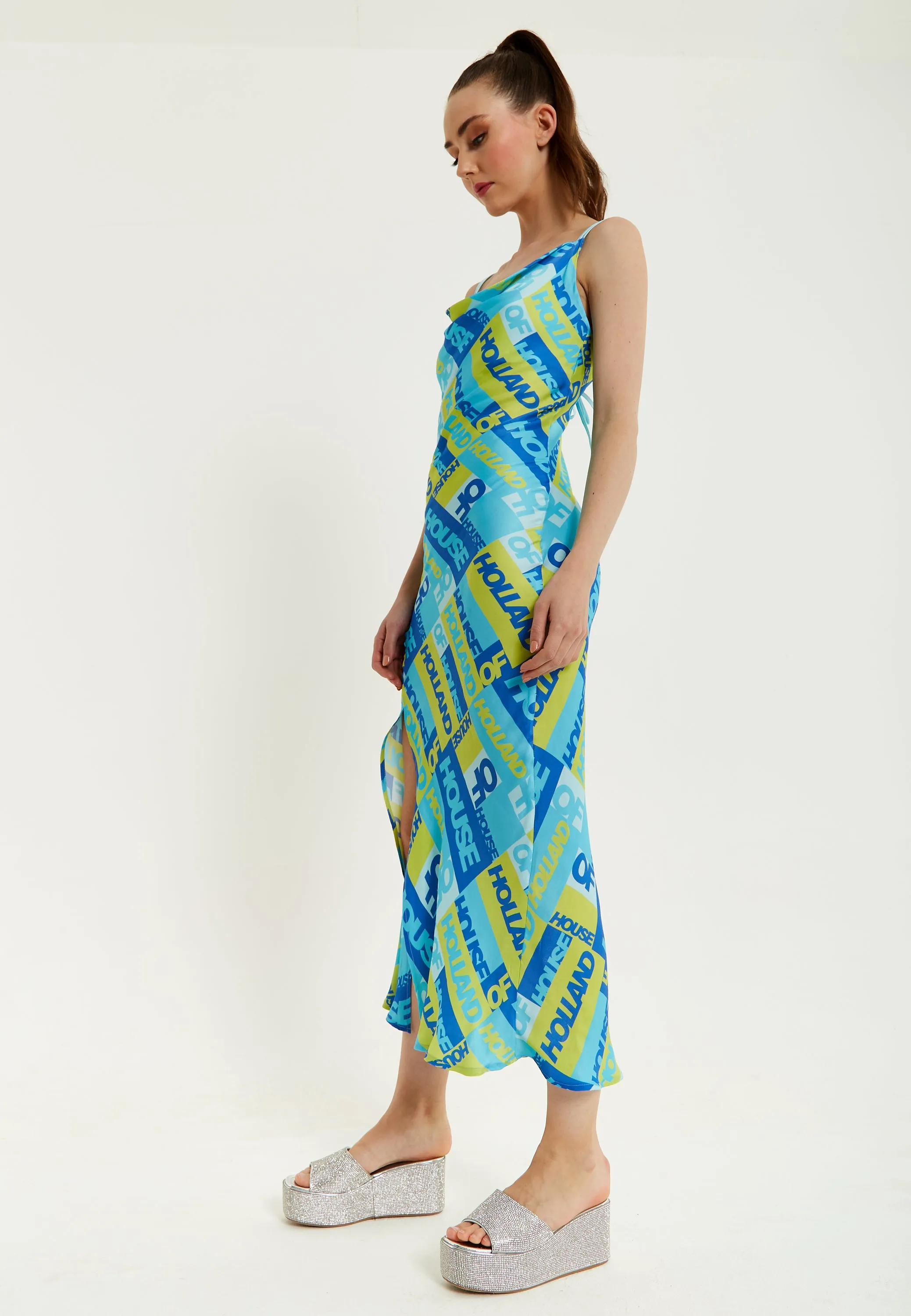 House Of Holland Printed Cowl Neck Midi Dress